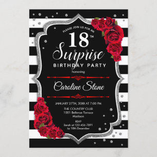 Surprise 18th Birthday - Black White Red Invitation