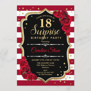 Surprise 18th Birthday - Black White Red Invitation