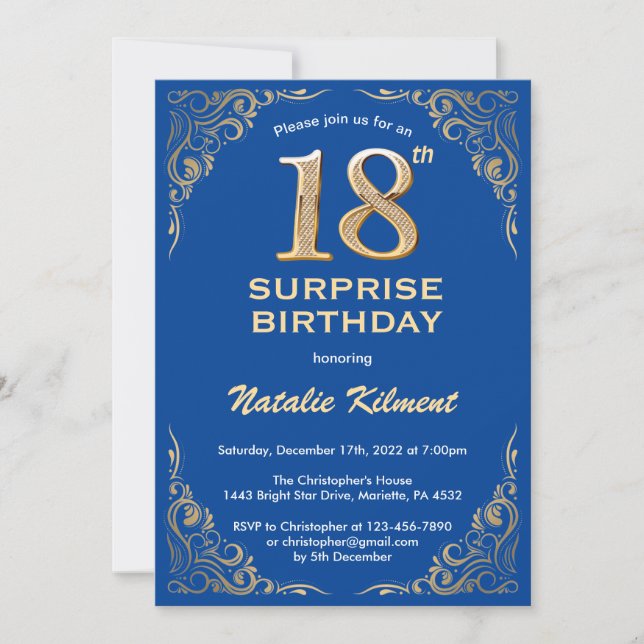 Surprise 18th Birthday Blue and Gold Glitter Invitation (Front)