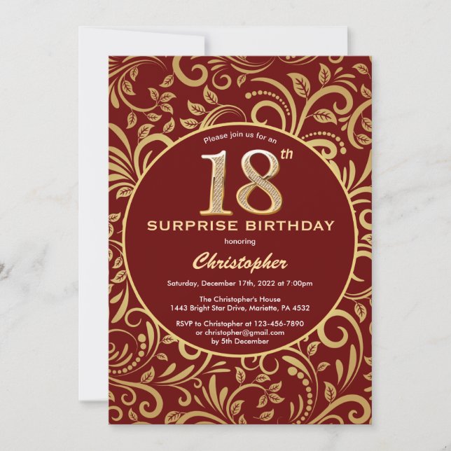 Surprise 18th Birthday Burgundy Red & Gold Floral Invitation (Front)