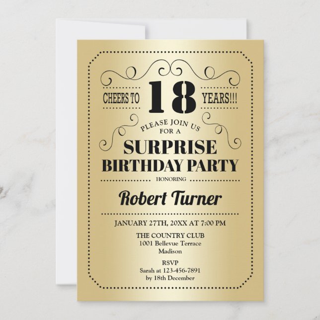 Surprise 18th Birthday - Gold Black Invitation (Front)