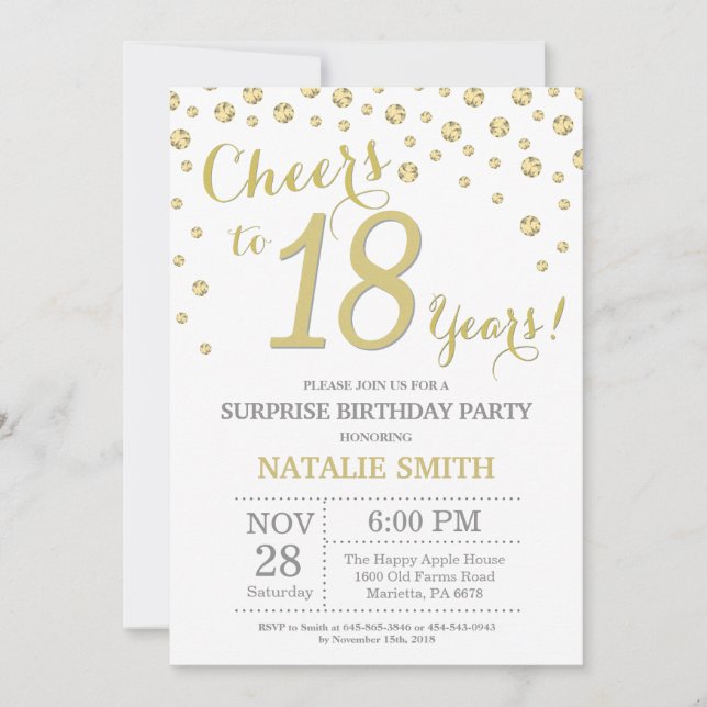 Surprise 18th Birthday Gold Glitter Diamond Invitation (Front)