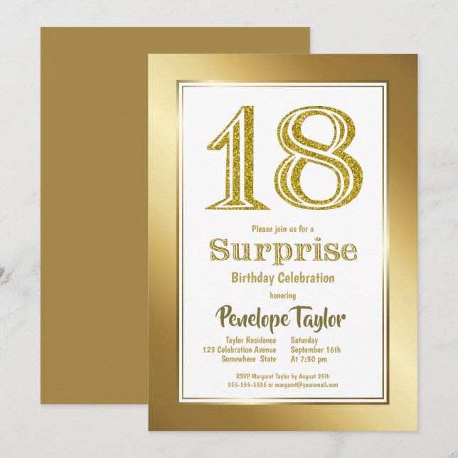 Surprise 18th Birthday Gold Party Invitation (Front/Back)