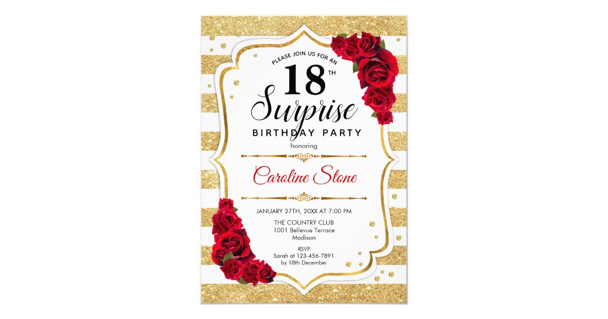 Surprise 18th Birthday - Gold White Red Invitation ...