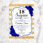 Surprise 18th Birthday - Gold White Royal Blue Invitation<br><div class="desc">Surprise 18th Birthday Invitation.
Feminine white,  royal blue design with faux glitter gold. Features stripes,  sapphire blue roses,  script font and confetti. Perfect for an elegant birthday party. Can be personalized to show any age. Message me if you need further customization.</div>