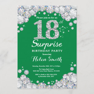 Surprise 18th Birthday Green and Silver Diamond Invitation