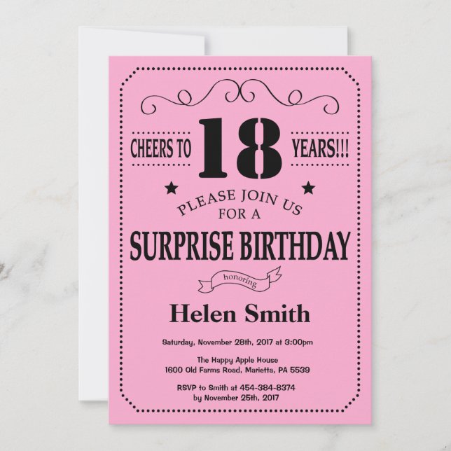 Surprise 18th Birthday Invitation Black and Pink (Front)