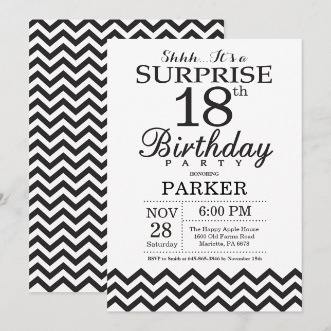 Surprise 18th Birthday Invitation Black Chevron (Front/Back)
