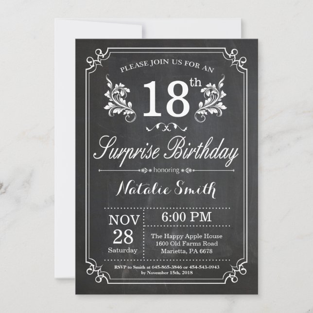 Surprise 18th Birthday Invitation Chalkboard (Front)