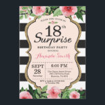 Surprise 18th Birthday Invitation Floral<br><div class="desc">Surprise 18th Birthday Invitation for Women. Black and Gold Birthday Party Invite. Gold Glitter. Pink Watercolor Floral Flower. Black and White Stripes. Printable Digital. For further customisation,  please click the "Customise it" button and use our design tool to modify this template.</div>