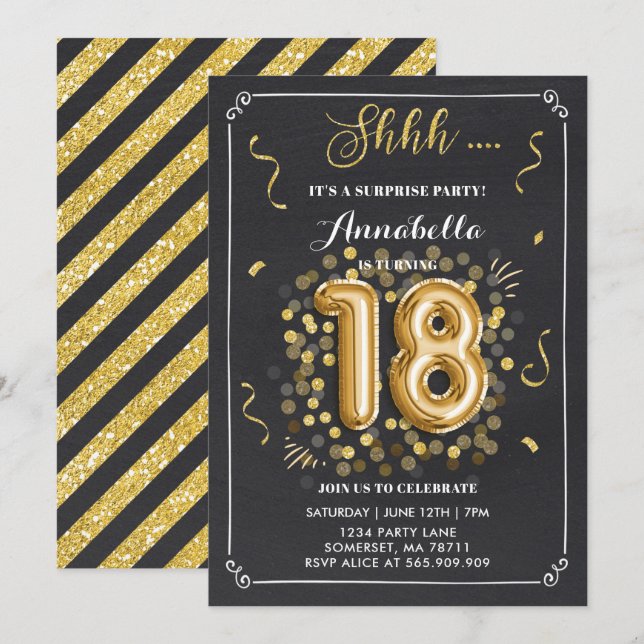 Surprise 18th Birthday Invitation Gold Chalkboard (Front/Back)