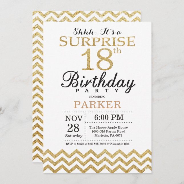 Surprise 18th Birthday Invitation Gold Glitter (Front/Back)