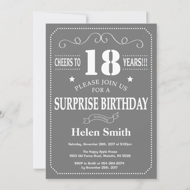 Surprise 18th Birthday Invitation Grey and White (Front)