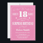 Surprise 18th Birthday Invitation Pink and White<br><div class="desc">Surprise 18th Birthday Invitation Pink and White Typography. Pink Background. Adult Birthday. Male Men or Women Birthday. Kids Boy or Girl Lady Teen Teenage Bday Invite. 13th 15th 16th 18th 20th 21st 30th 40th 50th 60th 70th 80th 90th 100th. Any Age. For further customisation, please click the "Customise it" button...</div>