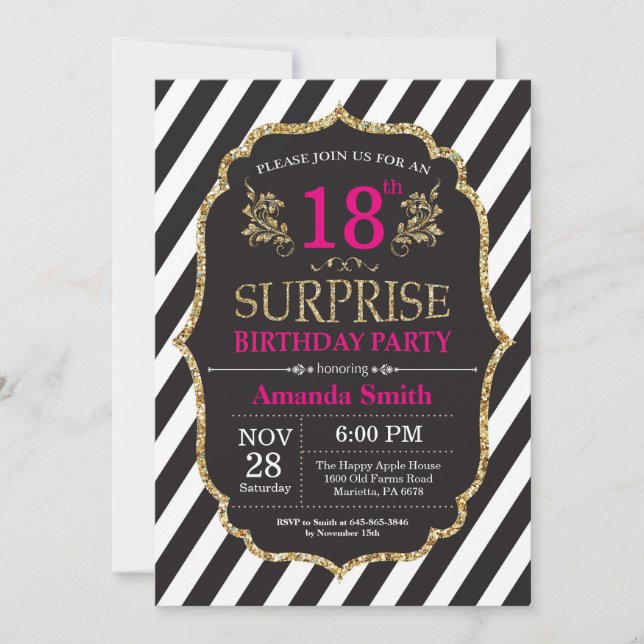 Surprise 18th Birthday Invitation Pink Black Gold (Front)
