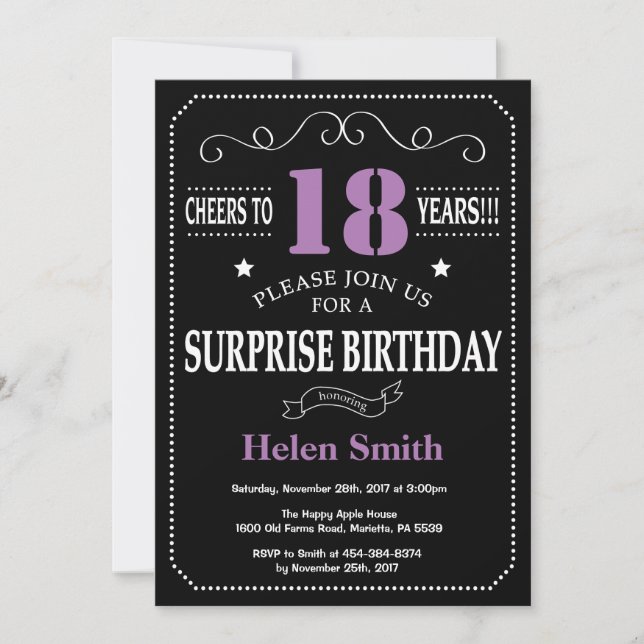 Surprise 18th Birthday Invitation Purple and Black (Front)