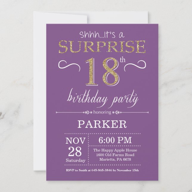 Surprise 18th Birthday Invitation Purple and Gold (Front)