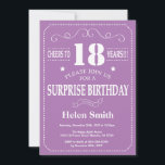 Surprise 18th Birthday Invitation Purple and White<br><div class="desc">Surprise 18th Birthday Invitation Purple and White Typography. Purple Background. Adult Birthday. Male Men or Women Birthday. Kids Boy or Girl Lady Teen Teenage Bday Invite. 13th 15th 16th 18th 20th 21st 30th 40th 50th 60th 70th 80th 90th 100th. Any Age. For further customisation, please click the "Customise it" button...</div>