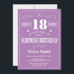 Surprise 18th Birthday Invitation Purple and White<br><div class="desc">Surprise 18th Birthday Invitation Purple and White Typography. Purple Background. Adult Birthday. Male Men or Women Birthday. Kids Boy or Girl Lady Teen Teenage Bday Invite. 13th 15th 16th 18th 20th 21st 30th 40th 50th 60th 70th 80th 90th 100th. Any Age. For further customisation, please click the "Customise it" button...</div>