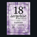 Surprise 18th Birthday Invitation Purple Glitter<br><div class="desc">Surprise 18th Birthday Invitation with Purple String Lights with Purple Glitter Background. Purple Birthday. Adult Birthday. Men or Women Bday Invite. 13th 15th 16th 18th 20th 21st 30th 40th 50th 60th 70th 80th 90th 100th, Any age. For further customisation, please click the "Customise it" button and use our design tool...</div>