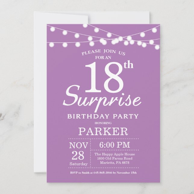 Surprise 18th Birthday Invitation Purple Lavender (Front)