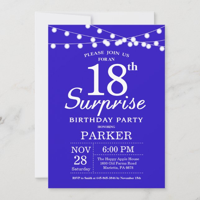 Surprise 18th Birthday Invitation Royal Blue (Front)