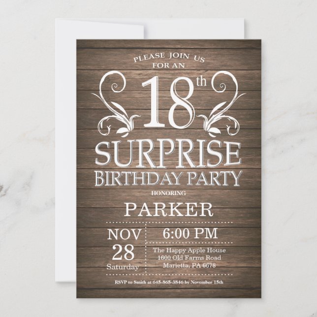 Surprise 18th Birthday Invitation Rustic Wood (Front)