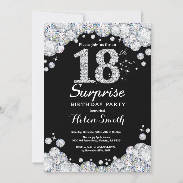 Surprise 18th Birthday Invitation Silver Diamond (Front)