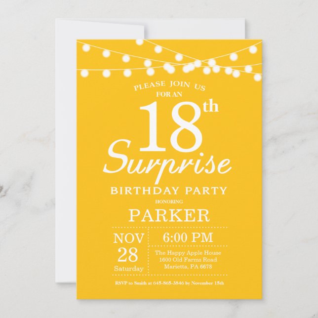 Surprise 18th Birthday Invitation Yellow (Front)
