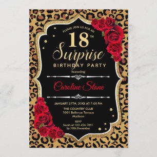 Surprise 18th Birthday - Leopard Black Gold Red Invitation
