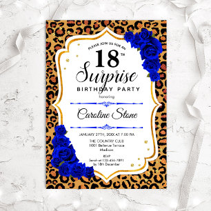 Surprise 18th Birthday - Leopard Gold Royal Blue Invitation