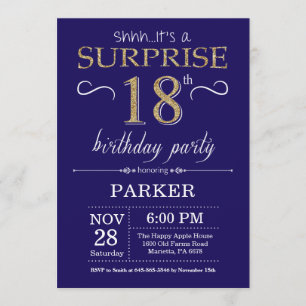 Surprise 18th Birthday Navy Blue and Gold Glitter Invitation