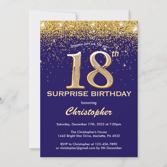 Surprise 18th Birthday Navy Blue and Gold Glitter Invitation (Front)
