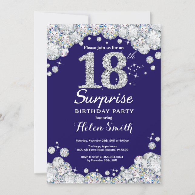 Surprise 18th Birthday Navy Blue Silver Diamond Invitation (Front)