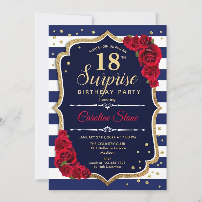 Surprise 18th Birthday - Navy White Red Invitation (Front)