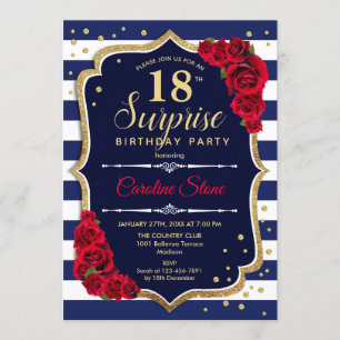 Surprise 18th Birthday - Navy White Red Invitation