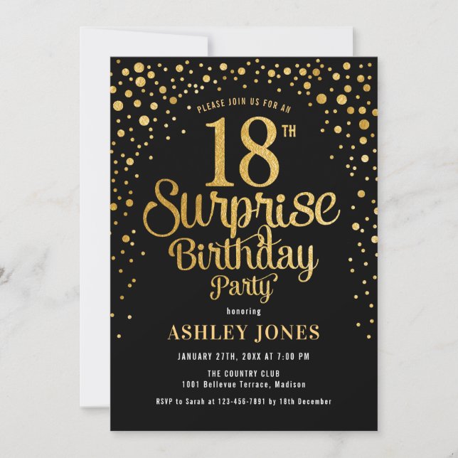 Surprise 18th Birthday Party - Black & Gold Invitation (Front)