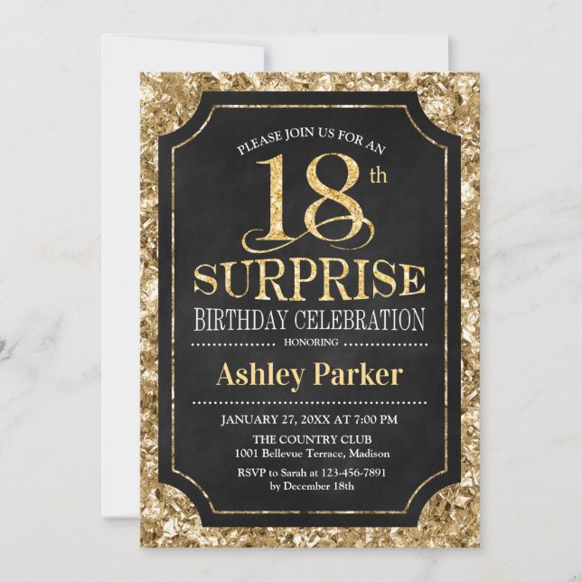 Surprise 18th Birthday Party - Gold Black Invitation (Front)