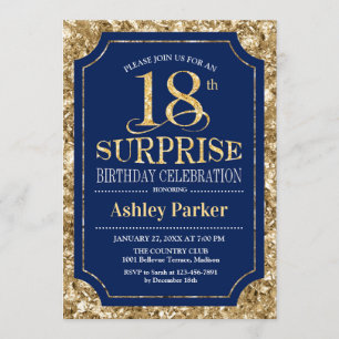 Surprise 18th Birthday Party - Gold Navy Invitation