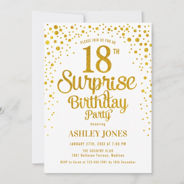 Surprise 18th Birthday Party - Gold & White Invitation (Front)