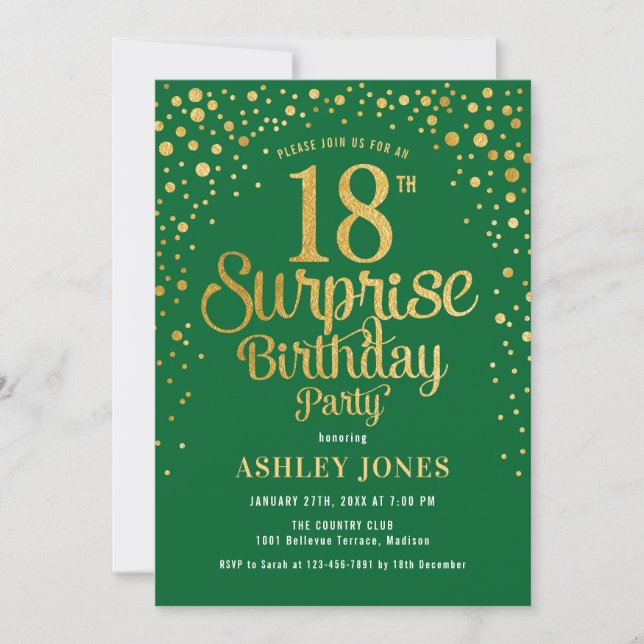 Surprise 18th Birthday Party - Green & Gold Invitation (Front)