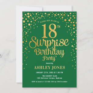 Surprise 18th Birthday Party - Green & Gold Invitation