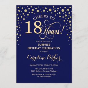 Surprise 18th Birthday Party - Navy Blue Gold Invitation