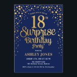 Surprise 18th Birthday Party - Navy & Gold Invitation<br><div class="desc">Surprise 18th Birthday Party Invitation.
Elegant design in navy blue and faux glitter gold. Features stylish script font and confetti. Message me if you need custom age.</div>