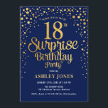 Surprise 18th Birthday Party - Navy & Gold Invitation<br><div class="desc">Surprise 18th Birthday Party Invitation.
Elegant design in navy blue and faux glitter gold. Features stylish script font and confetti. Message me if you need custom age.</div>