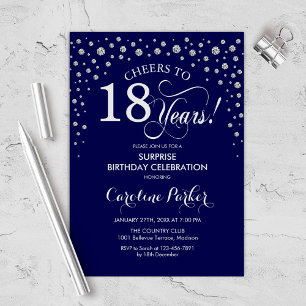 Surprise 18th Birthday Party - Navy Silver Invitation