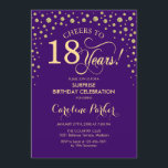 Surprise 18th Birthday Party - Purple Gold Invitation<br><div class="desc">Surprise 18th Birthday Party Invitation.
Elegant design in royal purple and faux glitter gold . Features script font and diamonds confetti. Cheers to 18 Years! Message me if you need further customization.</div>