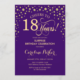 Surprise 18th Birthday Party - Purple Gold Invitation