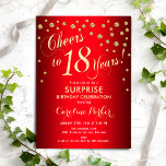 Surprise 18th Birthday Party - Red Gold Invitation<br><div class="desc">Surprise 18th Birthday Party Invitation
Elegant design in red with faux glitter gold. Features script font and confetti. Cheers to 18 Years! Message me if you need a custom age.</div>
