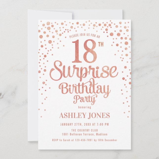 Surprise 18th Birthday Party - Rose Gold & White Invitation (Front)